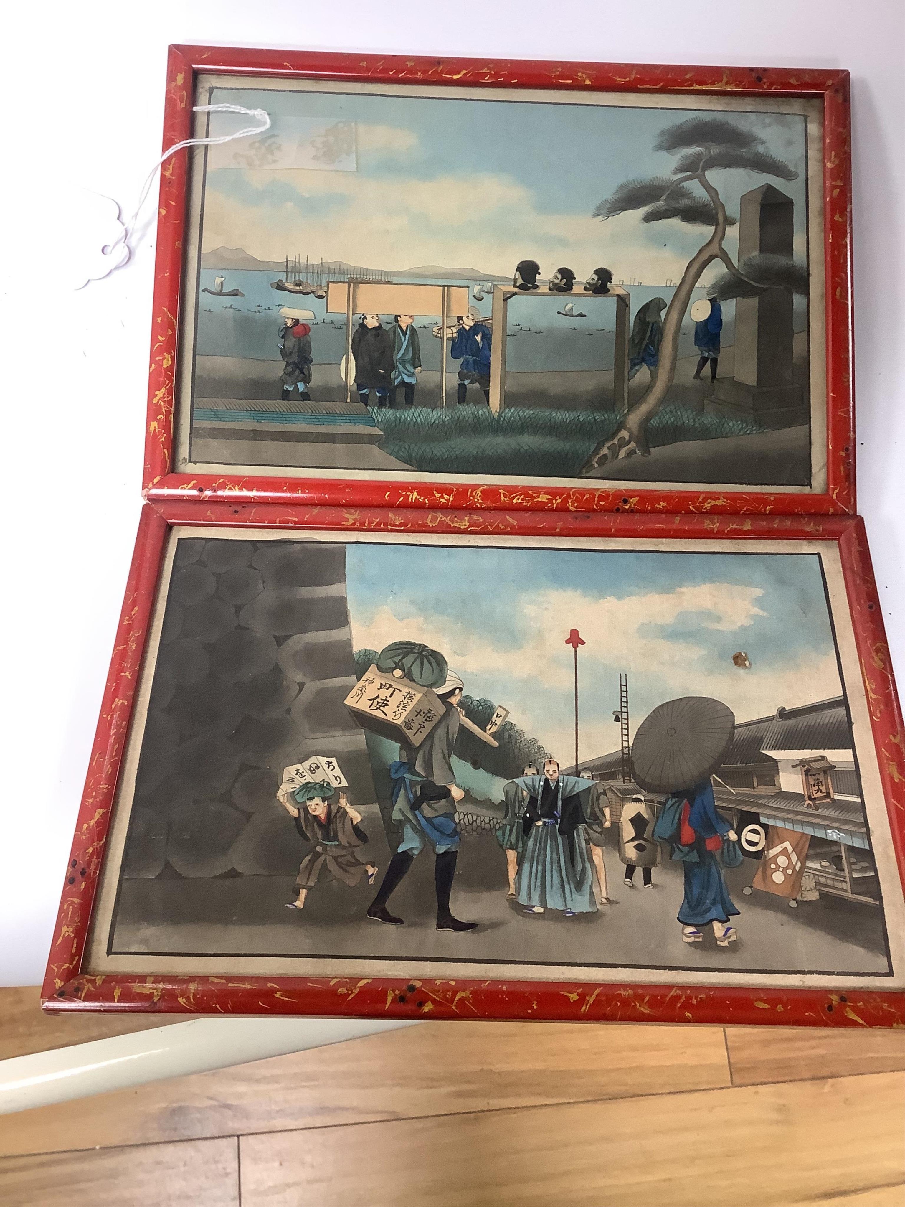 A collection of Chinese and Japanese paintings to include; a pair of Chinese pith paper paintings and Japanese woodblock prints, largest 18 x 30cm. Condition - varies, mostly fair